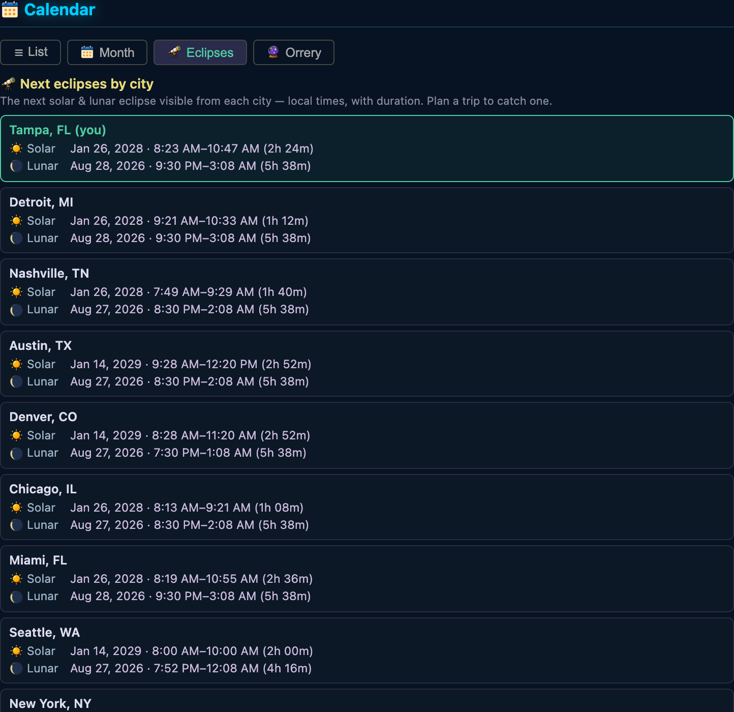 The Eclipses page predicting the next solar and lunar eclipses visible from each city, with local times and durations.
