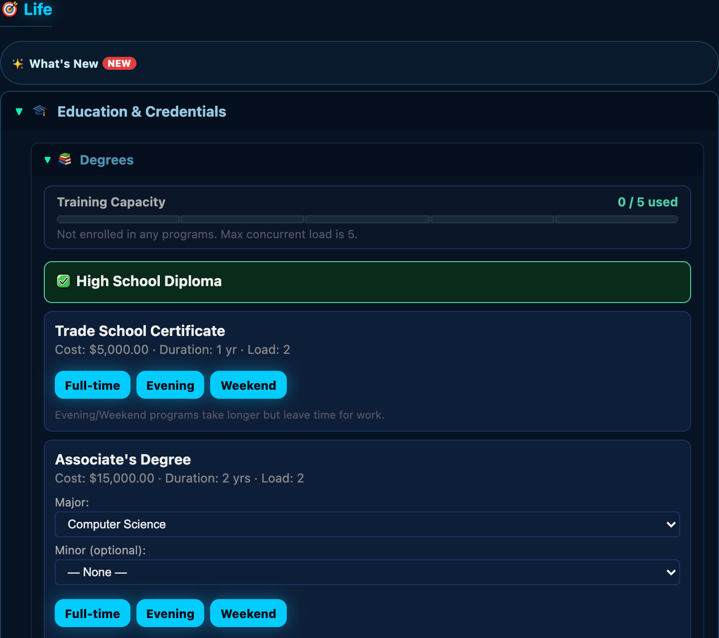 The Education panel showing Training Capacity, an owned High School Diploma, and Trade School and Associate's options with Full-time, Evening, and Weekend schedule buttons plus Major/Minor selectors.