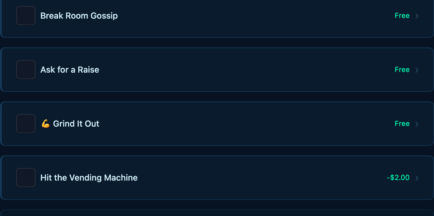 The on-shift work activity list with 'Ask for a Raise' available alongside other work actions like Grind It Out and Break Room Gossip.